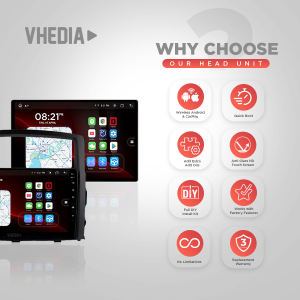 VHEDIA head unit product showcase highlighting eight features: Wireless Android & CarPlay, Quick Boot, DIY install kit, factory feature compatibility, and warranties.