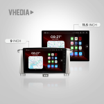 VHEDIA car infotainment system: two touchscreen head units, 9-inch and 11.5-inch, displaying maps and apps.