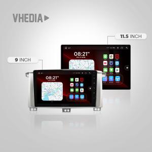 VHEDIA car infotainment system: two touchscreen head units, 9-inch and 11.5-inch, displaying maps and apps.