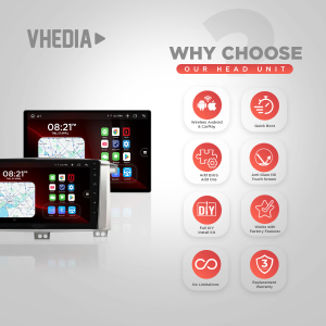 Vhedia head unit ad: two displays on left with the words 'WHY CHOOSE OUR HEAD UNIT' and eight rounded red badges on the right listing features like Wireless Android & CarPlay, Quick Boot, Add Extra Add Ons, Anti-Glare HD Touch Screen, Full DIY Install Kit, Works with Factory Features, No Limitations, and Replacement Warranty.